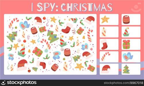 I spy game. Educational entertainment for preschool and younger school age. Christmas holiday. Winter entertainment. Flat cartoon style. How many items. Counting objects.. I spy game. Educational entertainment for preschool and younger school age. Christmas holiday. Winter entertainment. Flat cartoon style.
