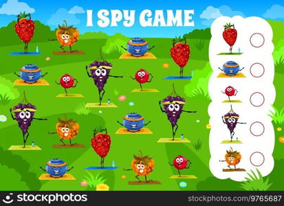 I spy game worksheet cartoon berry character on yoga fitness. Children math game, kids educational quiz or vector counting puzzle with strawberry, raspberry and cloudberry, blueberry, grape, cowberry. Berry characters on yoga I spy game worksheet