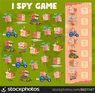 I spy game worksheet cartoon package box characters. Kindergarten children math game with objects searching and counting task, vector counting puzzle or kids riddle with parcel box funny personages. I spy game worksheet with package box characters