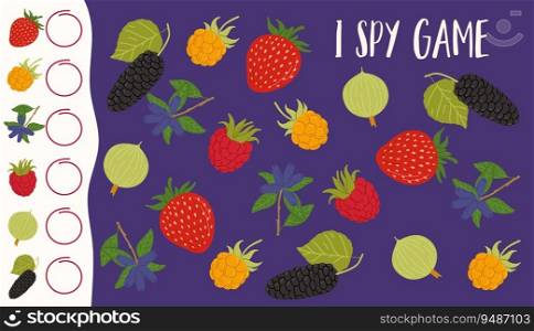 I spy game worksheet with forest and garden ripe berries. Kids vector math riddle, how many strawberry, cloudberry, honeyberry, raspberry, gooseberry and mulberry. Children test, educational task. I spy game worksheet with forest or garden berries