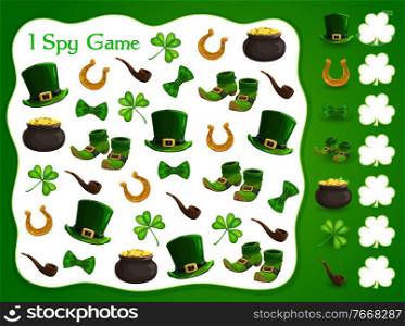 I spy kids game with st Patrick day vector elements. Development of numeracy skills and attention, cartoon riddle page. Math worksheet for kindergarten, school, preschool children, educational puzzle. I spy kids game with Patrick day vector elements.