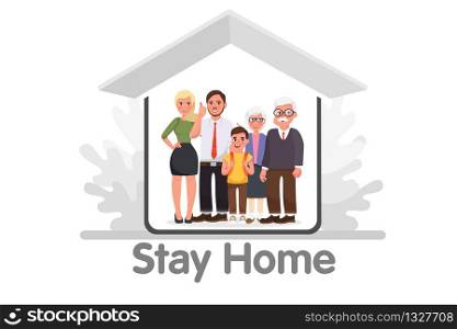 I stay at home awareness social media campaign and coronavirus prevention: family smiling and staying together