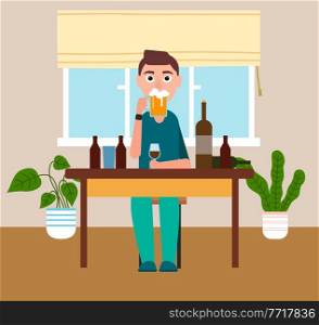 I stay at home. Man at the table with with different bottles and glasses is drinking beer. Guy is drinking alcohol. Self isolation mode. Male character at home resting, holding a mug with beer. I stay at home. Man at the table is drinking beer. Guy is drinking alcohol. Self isolation mode