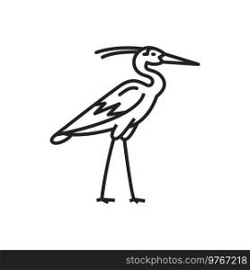 Ibis sacred bird of Egypt isolated outline vector icon, ancient Egyptian monochrome symbol. Wild feathered animal with long legs and narrow beak. Tropical African fauna. Ibis sacred bird of Egypt isolated outline icon