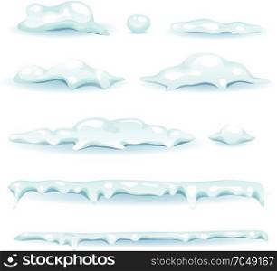 Ice And Snow Elements Set. Illustration of a set of snow caps and snow drifts, isolated on white background, for winter landscapes design