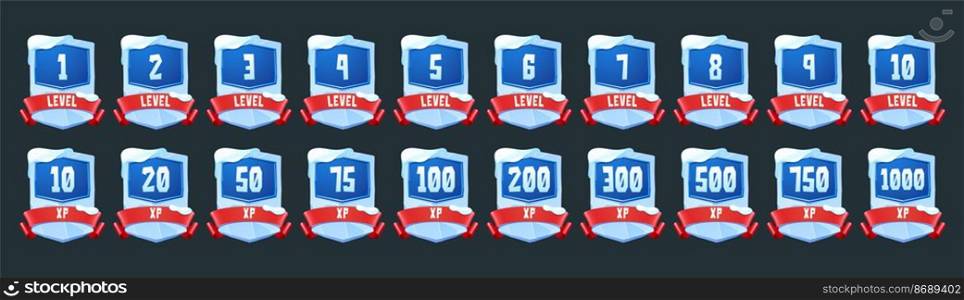 Ice badges with level number and experience points for game ui design. Vector cartoon icons of labels from ice and snow with rank, xp and red ribbons isolated on black background. Ice badges with level number and xp for game