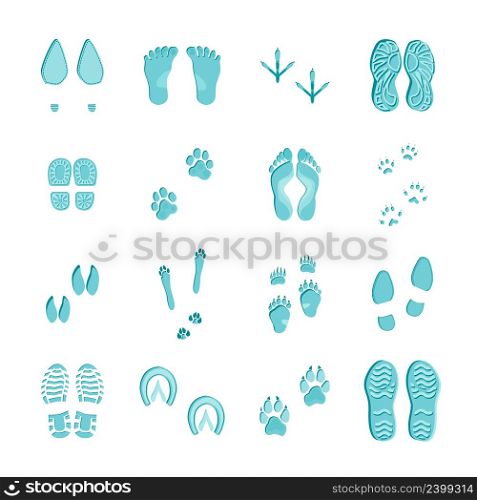 Ice blue color footprints on white background set with imprints of various footwear and paws vector illustration . Ice Blue Footprints Set On White