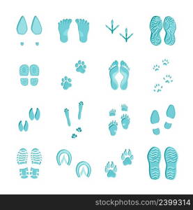 Ice blue color footprints on white background set with imprints of various footwear and paws vector illustration . Ice Blue Footprints Set On White