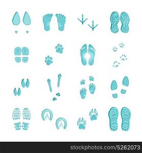 Ice Blue Footprints Set On White . Ice blue color footprints on white background set with imprints of various footwear and paws vector illustration