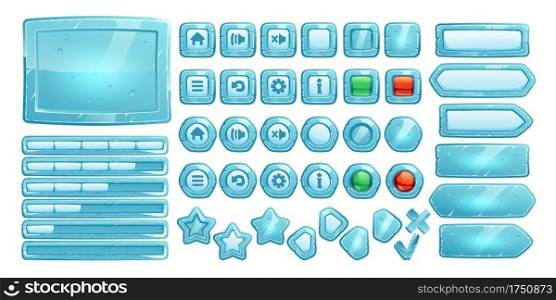 Ice buttons for ui game, gui elements isolated on white background. Vector cartoon kit of blue frozen banners, menu buttons with signs, arrows and progress bar for mobile game. Ice buttons for ui game, gui elements