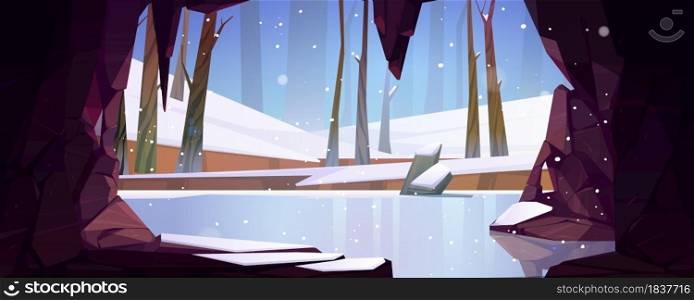 Ice cave in mountain view on frozen forest pond, lake or river. Empty cavern, nature landscape with stalactites and rocks inside. Fantasy game background, wintertime scene, Cartoon vector illustration. Ice cave in mountain view on frozen forest pond
