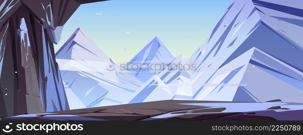 Ice cave in mountains cartoon background with snow and rocks under blue clear sky. Fantasy cavern platform on nature landscape view from inside. Wintertime iceland scene for game, Vector illustration. Ice cave in mountains cartoon background, cavern
