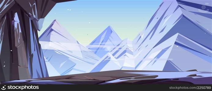 Ice cave in mountains cartoon background with snow and rocks under blue clear sky. Fantasy cavern platform on nature landscape view from inside. Wintertime iceland scene for game, Vector illustration. Ice cave in mountains cartoon background, cavern