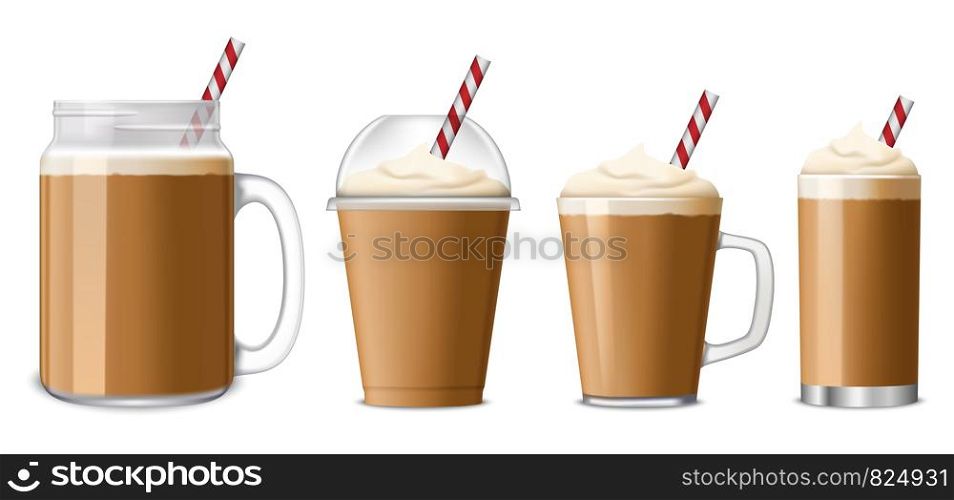 Ice coffee icon set. Realistic set of ice coffee vector icons for web design isolated on white background. Ice coffee icon set, realistic style