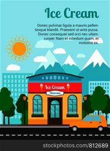 Ice cream advertising banner with shop building and landscape. Vector illustration. Ice cream banner with shop building