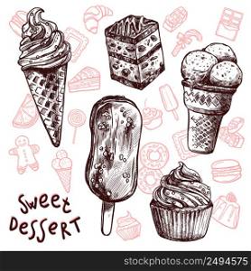 Ice cream and cakes sweets sketch set isolated vector illustration. Ice Cream And Cakes Sketch Set