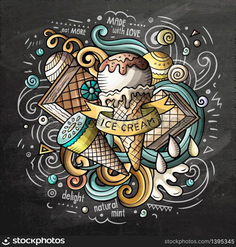 Ice Cream art cartoon vector doodle illustration. Chalkboard colorful detailed design with lot of objects and symbols. All elements separate. Ice Cream cartoon vector doodle watercolor illustration