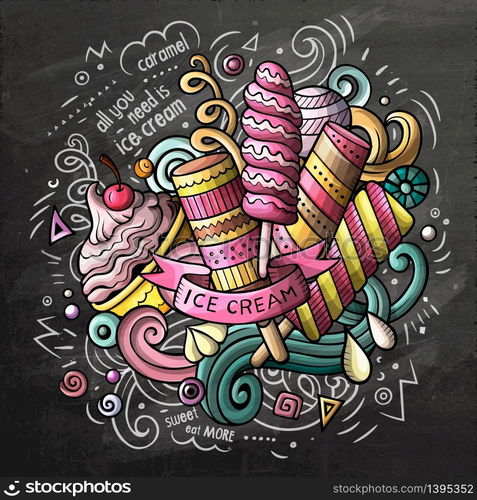 Ice Cream art cartoon vector doodle illustration. Chalkboard colorful detailed design with lot of objects and symbols. All elements separate. Ice Cream cartoon vector doodle watercolor illustration