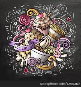 Ice Cream art cartoon vector doodle illustration. Chalkboard colorful detailed design with lot of objects and symbols. All elements separate. Ice Cream cartoon vector doodle watercolor illustration