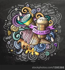 Ice Cream art cartoon vector doodle illustration. Chalkboard colorful detailed design with lot of objects and symbols. All elements separate. Ice Cream cartoon vector doodle watercolor illustration