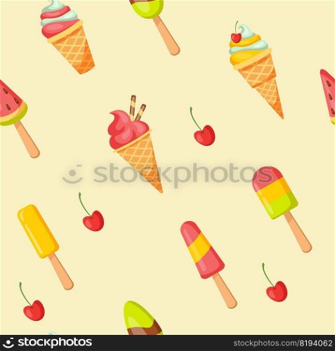 Ice cream background. Sugar dessert cute cartoon pattern. Vector colorful wallpaper with sweet ice cream cold frozen dessert milk flavor. Ice cream background. Sugar dessert cute cartoon pattern. Vector colorful wallpaper with sweet ice cream