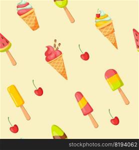 Ice cream background. Sugar dessert cute cartoon pattern. Vector colorful wallpaper with sweet ice cream cold frozen dessert milk flavor. Ice cream background. Sugar dessert cute cartoon pattern. Vector colorful wallpaper with sweet ice cream