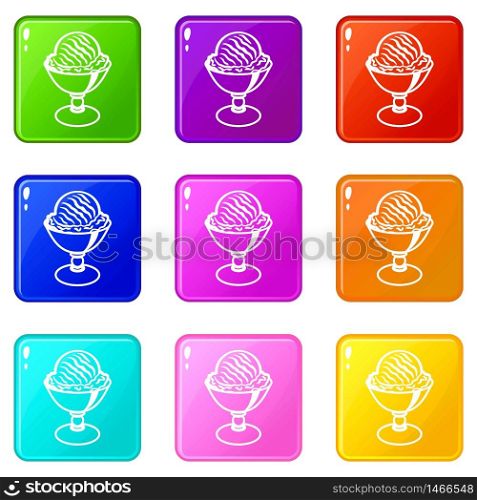 Ice cream ball in cup icons set 9 color collection isolated on white for any design. Ice cream ball in cup icons set 9 color collection