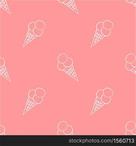 Ice cream balls in a waffle cone. Seamless pattern in doodle style on white background. Vector illustration. Ice cream, eskimo, waffle cone. Seamless pattern in doodle and cartoon style on pink background