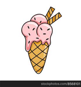 Ice cream balls in waffle cone cartoon. Cold milk dessert with tube decoration. Creamy ice pink color clipart vector isolated illustration. Melting ice cream hand drawn. Ice cream balls in waffle cone cartoon