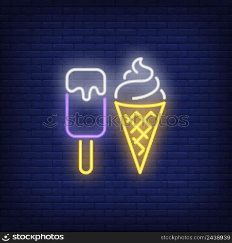 Ice-cream bar and cone neon sign. Dessert, cafe and food concept. Advertisement design. Night bright colorful billboard, light banner. Vector illustration in neon style.