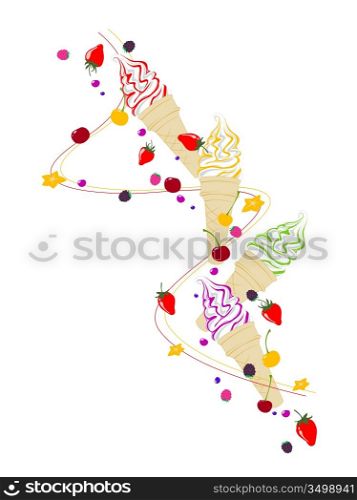 Ice cream, berries and fruits flying on a white background