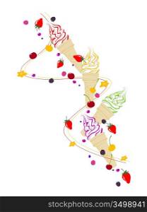Ice cream, berries and fruits flying on a white background