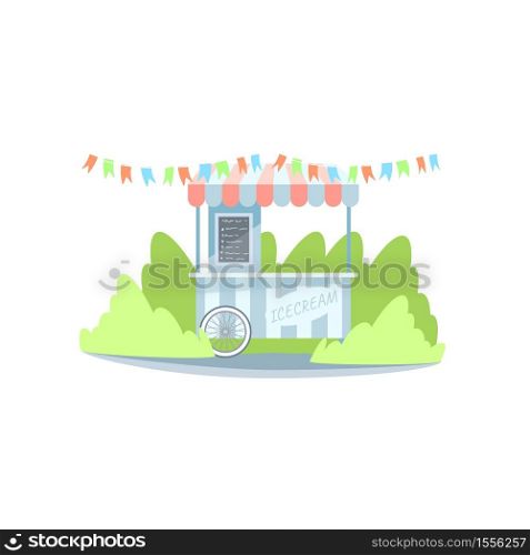 Ice cream booth semi flat RGB color vector illustration. Summer fair kiosk with delicious icecream isolated cartoon object on white background. Summertime food, cold sweet dessert sale. Ice cream booth semi flat RGB color vector illustration