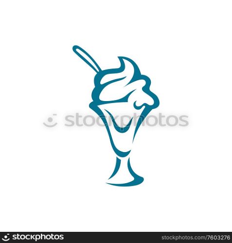 Ice-cream bowl with spoon isolated icon. Vector frosting dessert in blue cup. Bowl of ice-cream isolated milk dessert