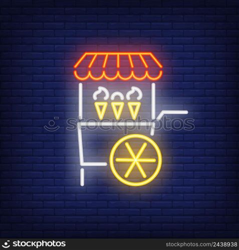 Ice cream cart neon sign. Sale of soft ice cream in cones. Night bright advertisement. Vector illustration in neon style for amusement park and summer