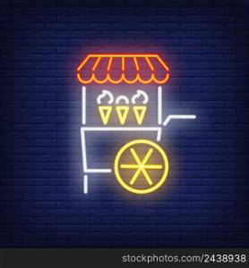 Ice cream cart neon sign. Sale of soft ice cream in cones. Night bright advertisement. Vector illustration in neon style for amusement park and summer