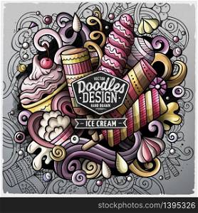 Ice Cream cartoon vector doodle illustration. Colorful detailed design with lot of objects and symbols. All elements separate. Ice Cream cartoon vector doodle illustration