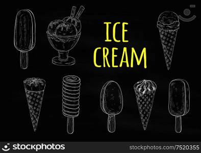 Ice cream chalk sketch icons on blackboard. Vector elements of dessert ice cream scoop in waffle cone, eskimo pie, slushy, frozen ice, sorbet, gelato, sundae for cafe or restaurant menu, decoration design. Ice cream chalk sketch icons on blackboard