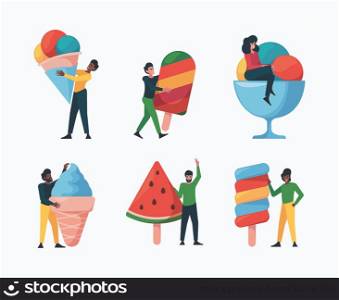 Ice cream characters. People eating delicious cold snacks ice cream food garish vector persons illustrations in flat style. Character with summer ice cream and sundae collection. Ice cream characters. People eating delicious cold snacks ice cream food garish vector persons illustrations in flat style