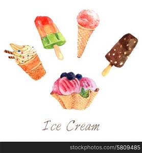 Ice cream cold dairy dessert watercolor set isolated vector illustration. Ice Cream Watercolor Set