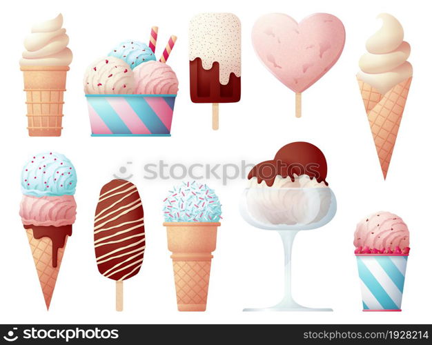 Ice cream collection. Creams objects, glace lolly and cone with cream ball. Isolated chocolate sweets, cold desserts. Creamy delicious swanky vector set. Illustration of sweet food ice cream soft. Ice cream collection. Creams objects, glace lolly and cone with cream ball. Isolated chocolate sweets, cold desserts. Creamy delicious swanky vector set