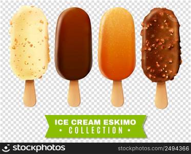 Ice cream collection of eskimo pie with white dark and milc varieties of chocolate glaze at transparent background realistic vector illustration. Ice Cream Eskimo Pie Collection