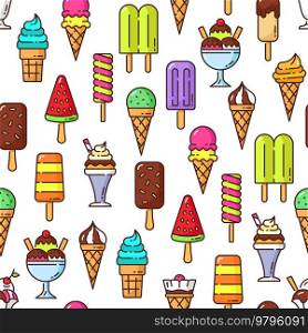Ice cream color frozen sundae, scoop and cone seamless pattern. Popsicle, sorbet and frozen fruit juice wrapping paper decoration, parlour and cafe ice cream sweet dessert thin line vector wallpaper. Ice cream color frozen sundae seamless pattern