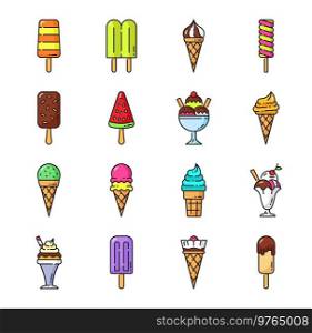Ice cream color outline icons. Frozen candy sundae, scoop and cone dessert. Gelato frozen sweet dessert outline icons, sundae popsicle and ice cream in waffle cone line vector desserts. Ice cream color, frozen sundae desserts icons