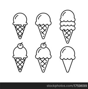 Ice cream cone doodle set. Waffle cone outline isolated.
