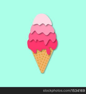 Ice cream cone isolated icone. 3d vector. Paper cut style. Summer dessert