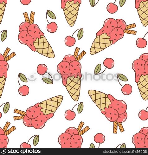 Ice cream cone pattern. Seamless pattern soft cherry ice cream in waffle cone. Summer food print for textile, package design, paper, vector illustration. Ice cream cone seamless pattern