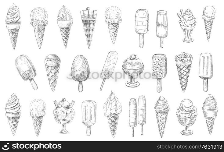 Ice cream cone, sundae dessert and stick vector sketches, hand drawn food. Ice cream waffle cones with vanilla and chocolate scoops, gelato, frozen sorbet and popsicle with strawberry flavor and nuts. Ice cream cone, sundae dessert and stick sketches