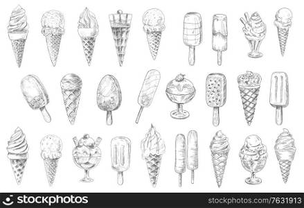 Ice cream cone, sundae dessert and stick vector sketches, hand drawn food. Ice cream waffle cones with vanilla and chocolate scoops, gelato, frozen sorbet and popsicle with strawberry flavor and nuts. Ice cream cone, sundae dessert and stick sketches