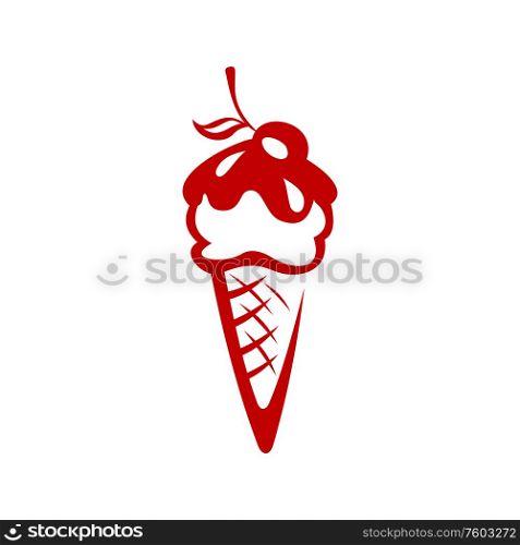 Ice-cream cone topped by cherry isolated icon. Vector summer food, sweet refreshing dessert. Cold dessert isolated cherry ice cream cone